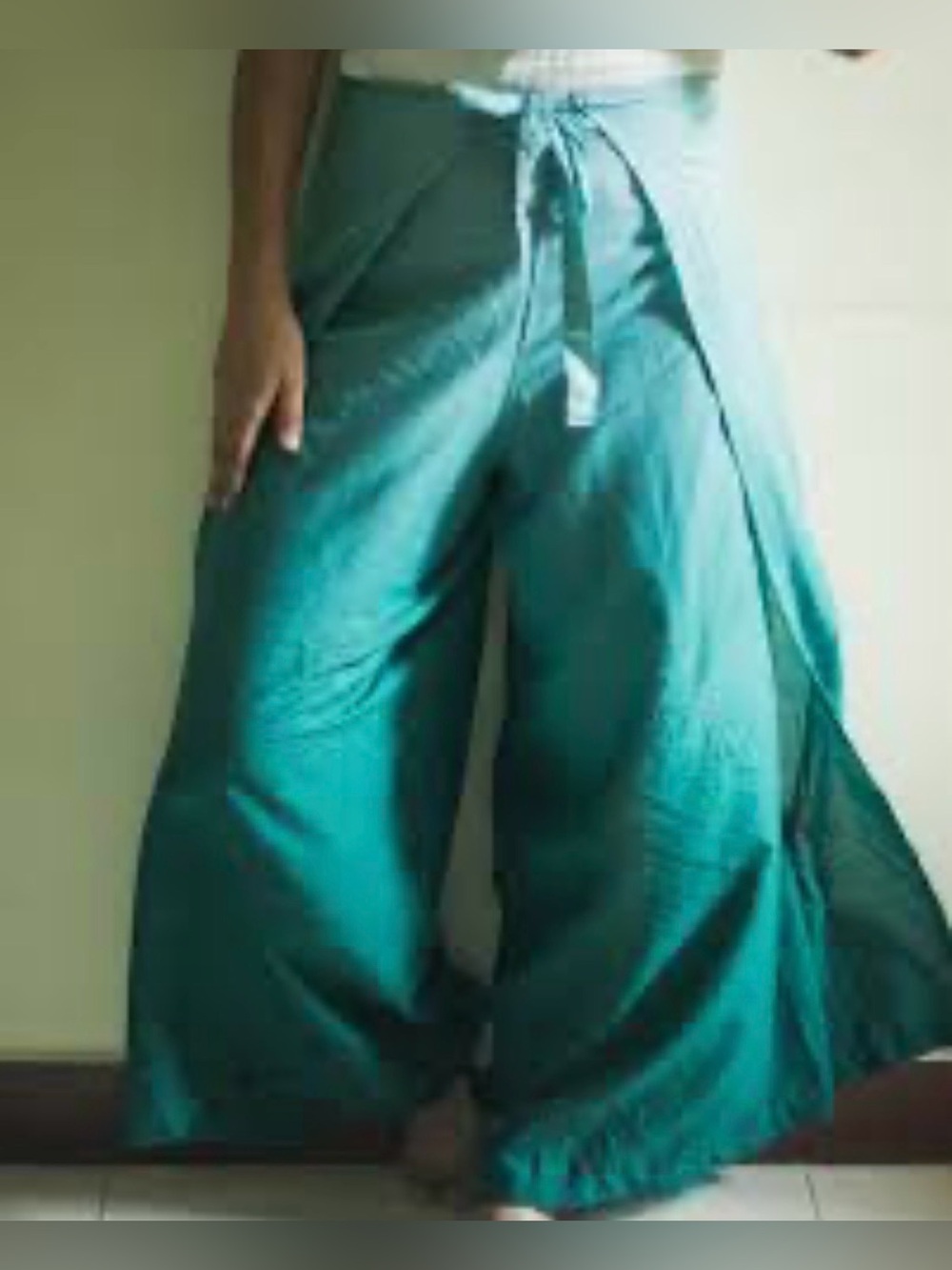 High-Rise Wide-Leg Tie-Waist wrap around Pants in Teal size XXL